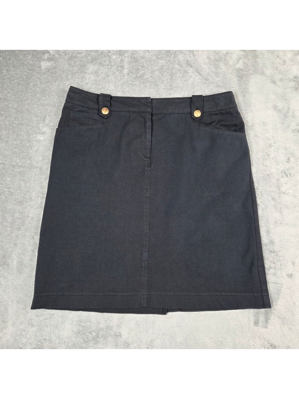 J McLaughlin Skirt 10 Black Preppy Gold Button Nautical Stretch Mini Pencil